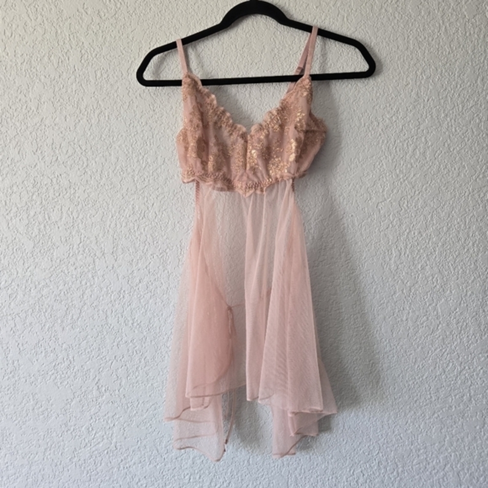 Victorias‎ Secret M Pink and Gold Sheer Tie Back Teddy Nighty